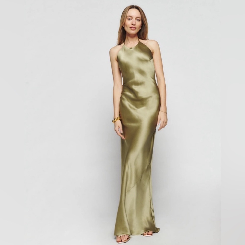 NWT Reformation Jeany Silk Dress in Olive Oil - Picture 1 of 9